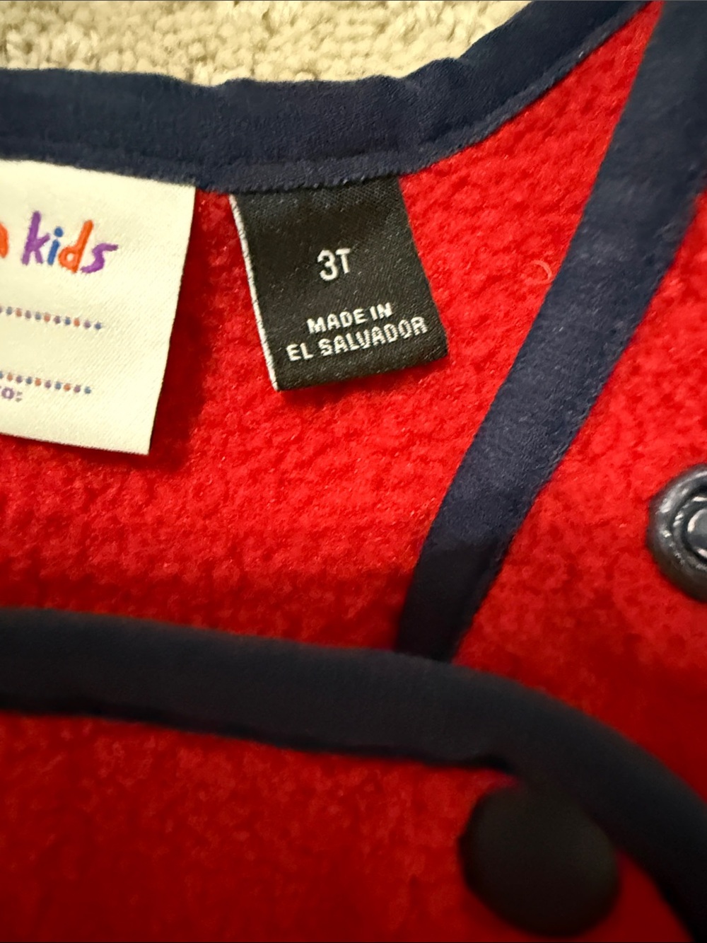 Patagonia Red Fleece Overalls with Navy Trim and Tan Chest Patch - Picture 3 of 4